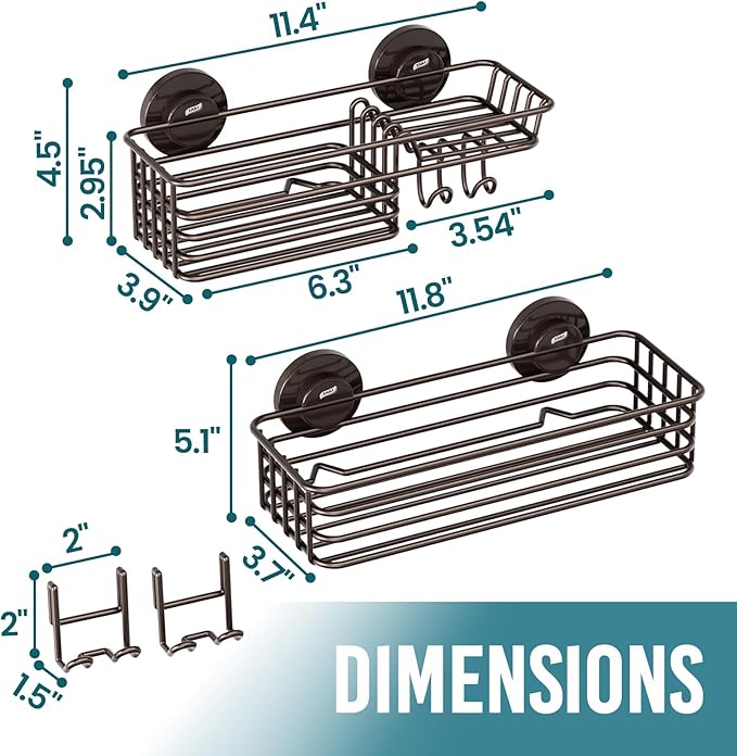 TAILI Shower Caddy Suction Cup 2 Pack with Hooks & Soap Holder, Heavy Duty Shower Organizer for Bathroom, No Drilling Bathroom Organizer with Large Capacity, Metal Storage Basket-Brown