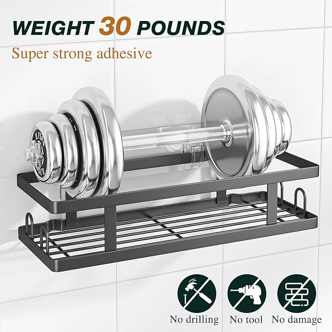 Adhesive Shower Caddy,Shower Shelves with Soap Holder and 12 Hooks,Rustproof No Drilling Bathroom Organizer and Storage,Black,3 Pack