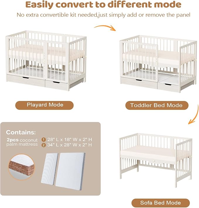 JOYMOR 8 in 1 Convertible Crib with Changer, Include 2” Mattress, Converts to Bassinet, Mid Crib, Full Size Crib, Daybed,Toddler Bed and Playard (Crib with Drawer, Washed Natural)