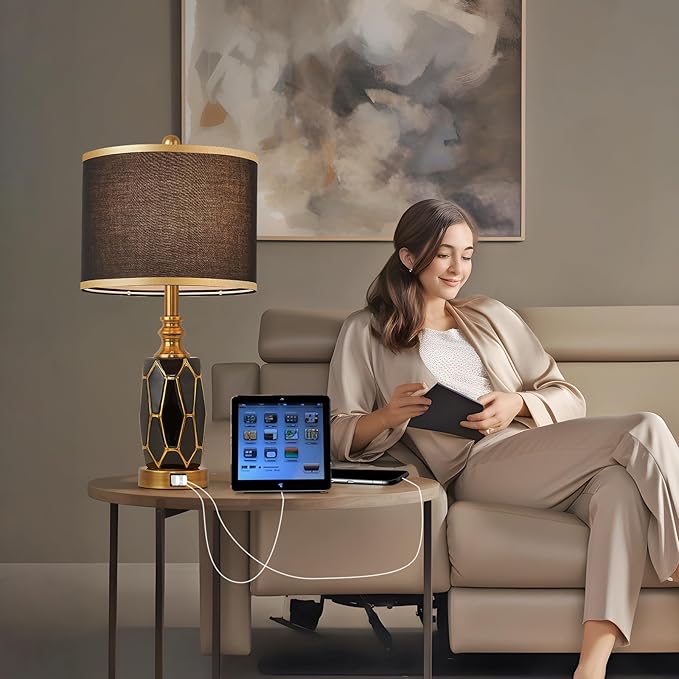 Set of 2 Touch Control Table Lamps for Bedroom Livingroom,Modern Ceramic Table Lamp with USB Ports,Bedside Nightstand Lamp with Fabric Drum Lampshade,Blubs Included (Black)