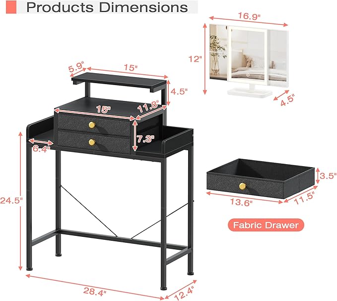 Vanity Desk with Mirror and Lights, 28.4''W Small Makeup Vanity Table with Height-Adjustable Stand, 2 Fabric Drawers Compact Makeup Desk, Gift for Girls, Bedroom Small Space, Black
