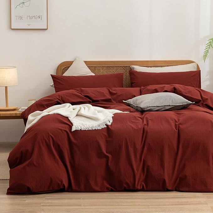 BESTOUCH Duvet Cover Set 100% Washed Cotton Linen Feel Super Soft Comfortable Chic Lightweight 3 PCs Home Bedding Set Solid Fired Brick Red Oversized Queen