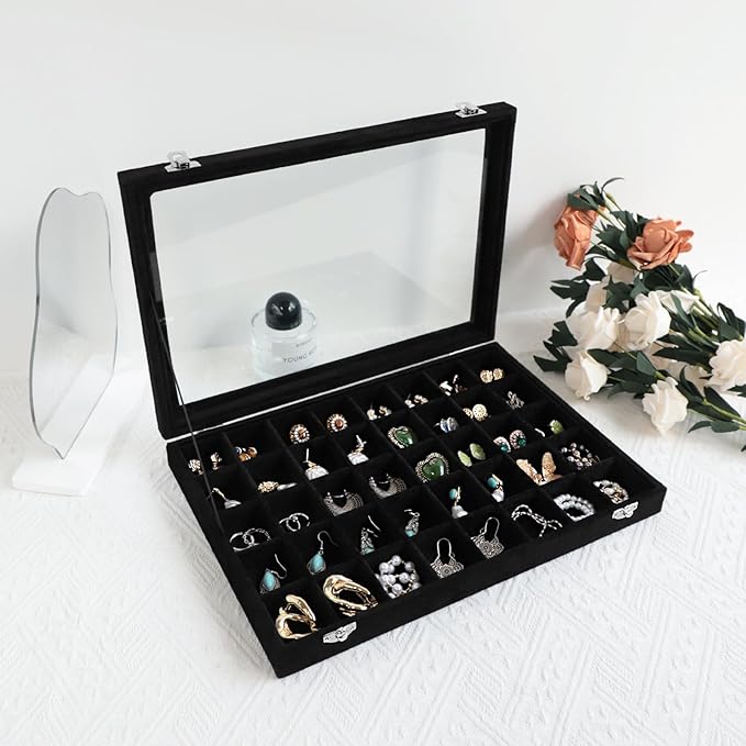 Wudygirl 40 Grid Jewelry Organizer Tray for Earrings Rings Bracelets Storage Necklaces Display Large Jewelry Box with Clear Lid Multiple Compartments Drawer Organization (Black Velvet)