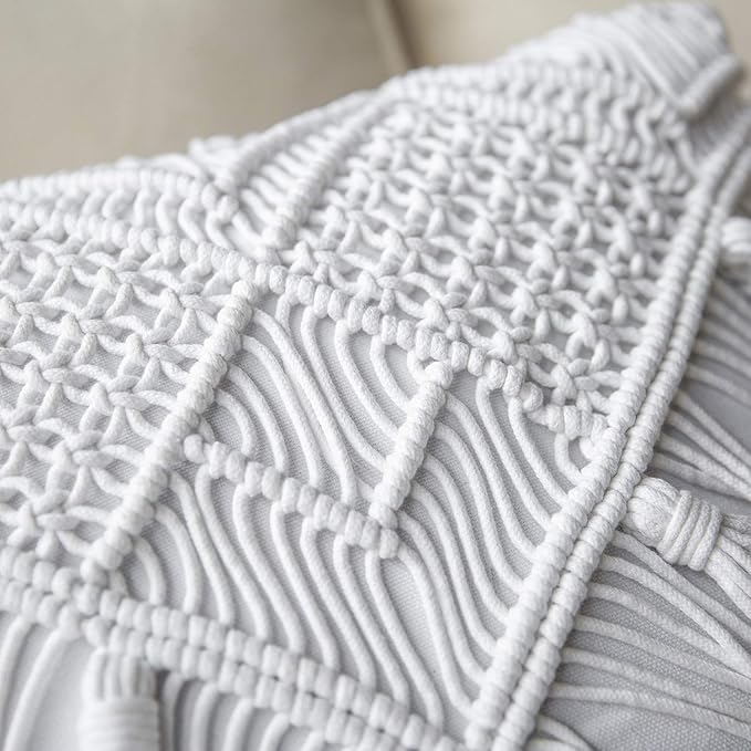 Phantoscope 100% Cotton Handmade Crochet Woven Boho Throw Pillow Farmhouse Pillow Insert Included Decorative Cushion for Couch Sofa White 18 x 18 inches