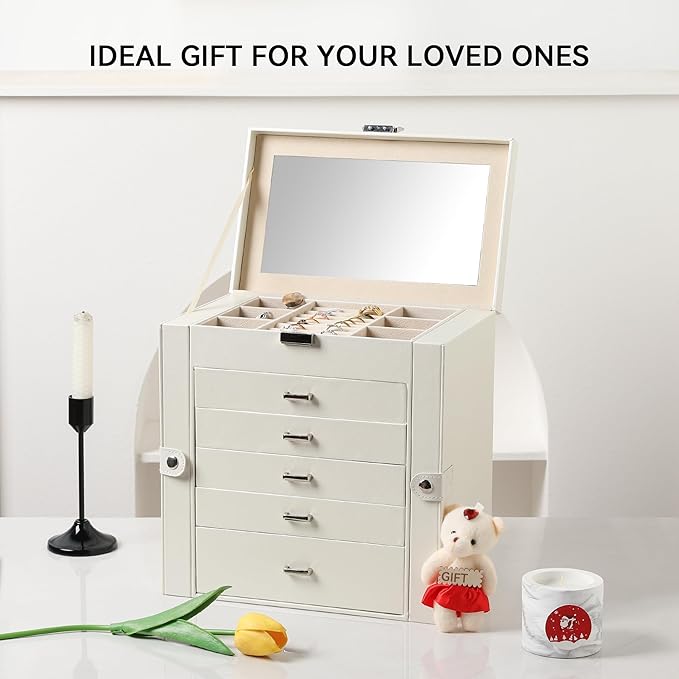 Frebeauty Large Jewelry Box,6-Tier PU Leather Jewelry Organizer,Multi-functional Storage Case with Mirror,Accessories Holder with 5 Drawers for Necklace Bracelets Watches(Pearl White)