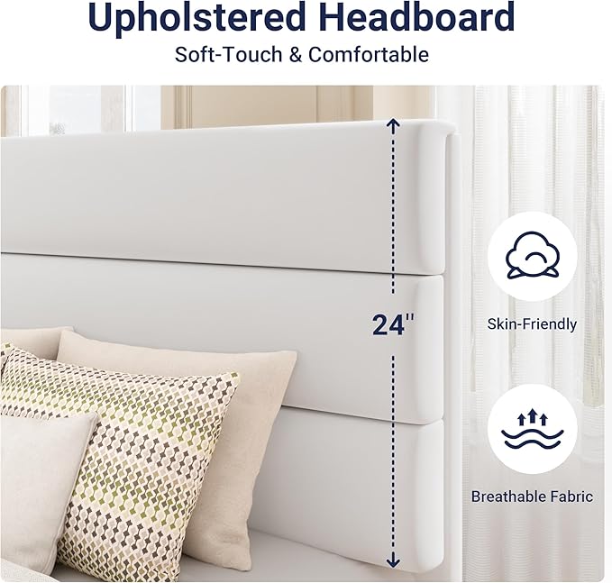 Allewie Twin Size Platform Bed Frame with Velvet Upholstered Headboard and Wooden Slats Support, Fully Upholstered Mattress Foundation/No Box Spring Needed/Easy Assembly, White