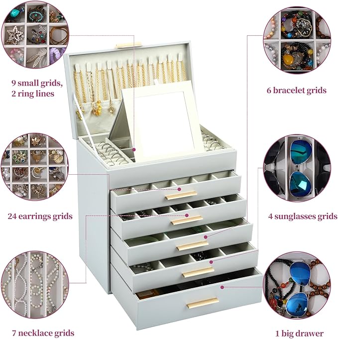 BOOVO Jewelry Box with Necklace Hanger – 6 layer Jewelry Organizer for Women with 5 Drawers, Large Jewelry Storage Boxes –Jewelry Organizers and Storage for Earrings, Necklaces (Grey, 6 layer)