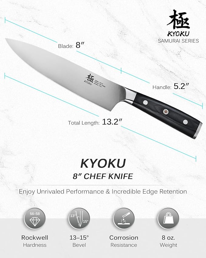 KYOKU 8" Chef Knife, Samurai Series Meat Cutting Knife with Pakkawood Handle & Mosaic Pin, Japanese High Carbon Steel Knife, Full Tang Cutting Chopping Knife for Vegetable Fruit with Sheath and Case