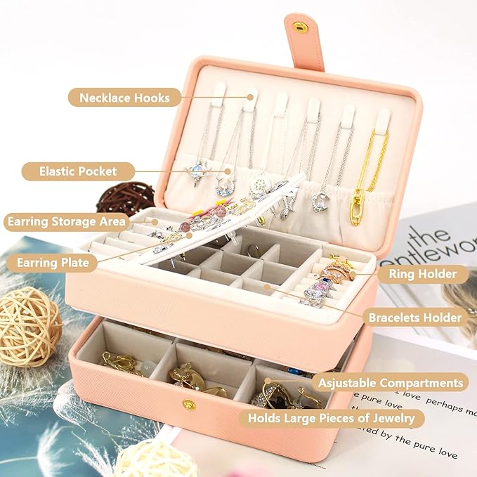 KOOAAICCHI Small Jewelry Box, Travel Jewelry Organizer, Portable Jewelry boxes for Women Girls Gift, Double Layers PU Leather Jewelry Holder for Rings, Earrings, Necklaces-Pink