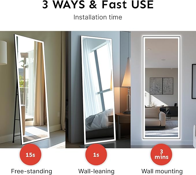 72x24 Full Length Mirror, Dimmable 3 Color LED Light w/Light Memory, Distortion Free Silver Coating Mirror, HD Reflection &Anti Desilvering,Tempered Glass &Shatter Proof Film Doubles Safety