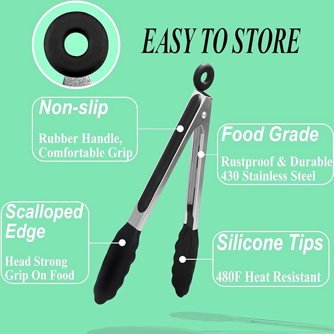 HST Tongs for Cooking with Silicone Tips(3 Pack), Non Stick Kitchen Tongs with Silicone Tip for Cooking BBQ Baking (9", Black)