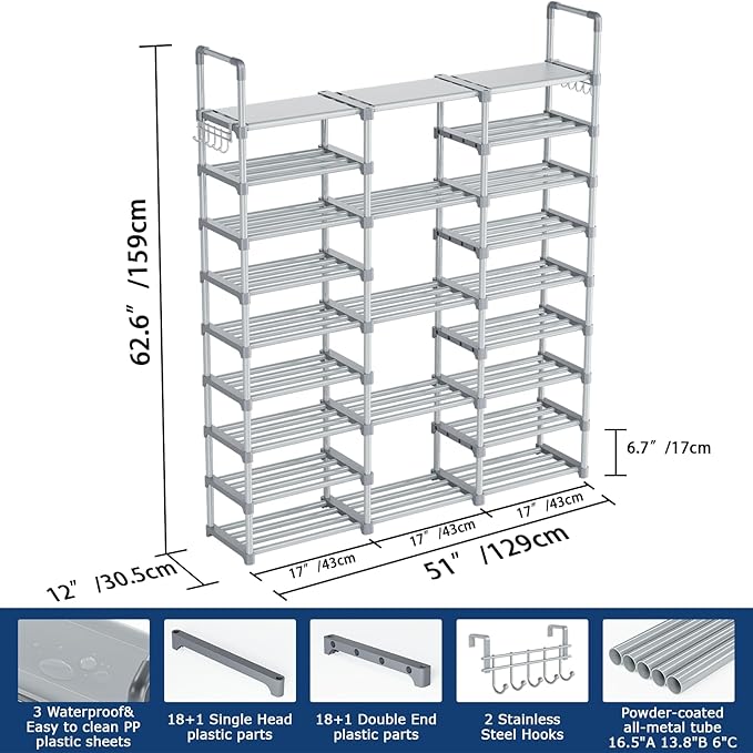 Mavivegue 9 Tiers Tall Shoe Organizer - Vertical Shoe Shelf for 50-55 Pairs, Stackable Racks for Entryway, Closet, Garage - Grey