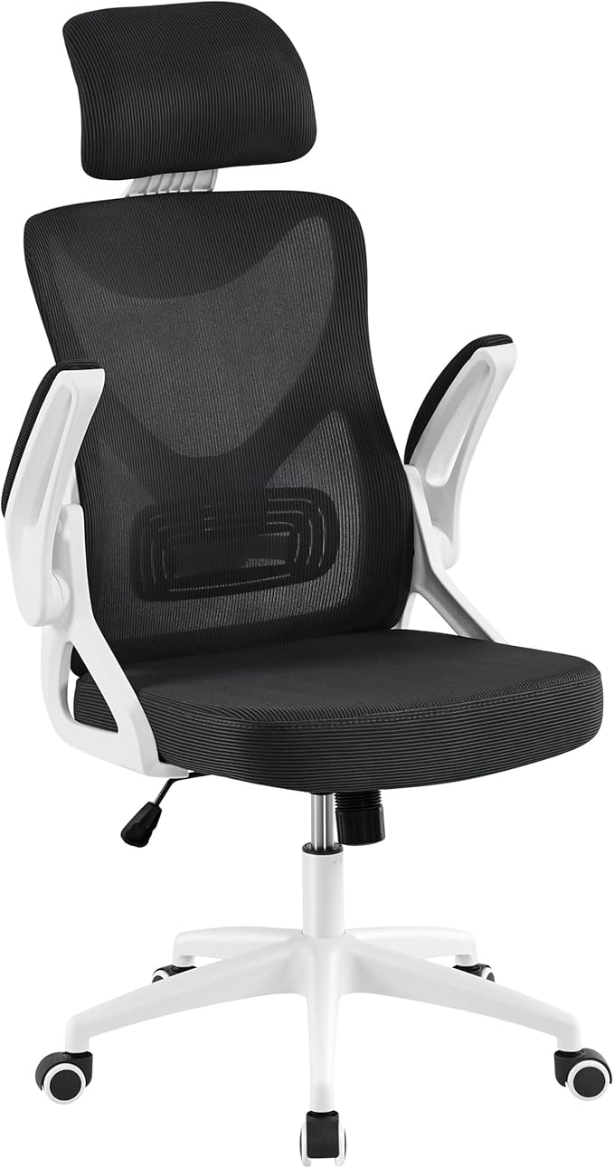 Yaheetech Ergonomic Mesh Office Chair, High Back Desk Chair with with flip-up Armrests, Adjustable Padded Headrest Computer Chair with Lumbar Support for Home Oiffce Game Room, White/Black