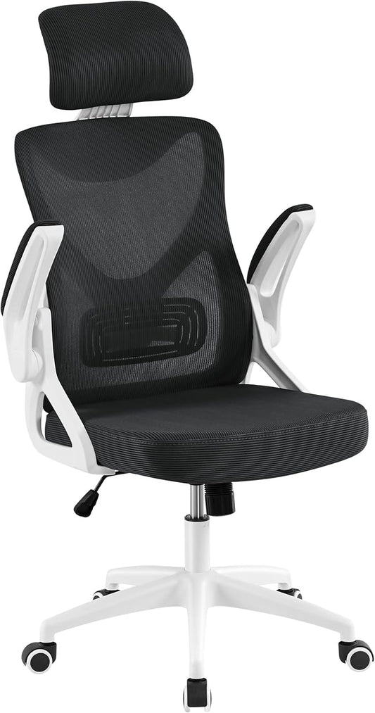 Yaheetech Ergonomic Mesh Office Chair, High Back Desk Chair with with flip-up Armrests, Adjustable Padded Headrest Computer Chair with Lumbar Support for Home Oiffce Game Room, White/Black