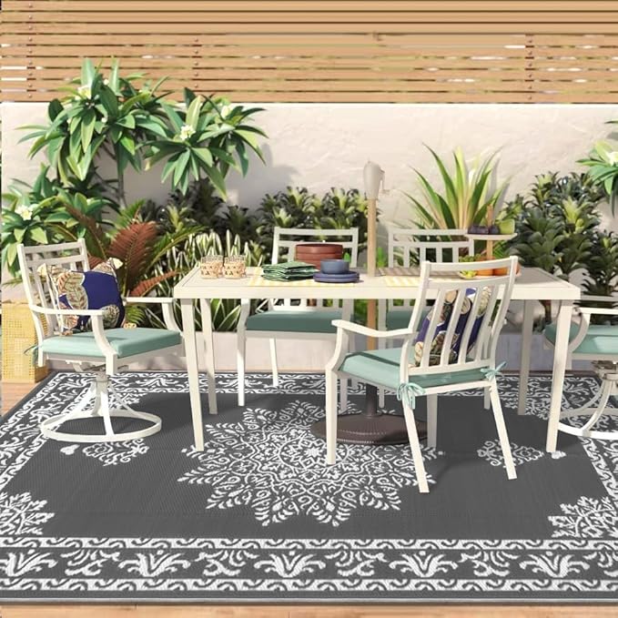 Yamaziot Outdoor Rug 9x12 Ft, Waterproof Plastic Straw Patio Rug, Reversible Backyard Carpet UV Resistant Portable RV Mat Clearance, Large Indoor Outdoor Rug for Patio, Porch, Deck, Balcony, Dark Gray