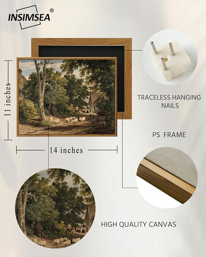 InSimSea Framed Canvas Wall Art Vintage Decor, Room Decor Classical Countryside Landscape Watercolor Painting Canvas Prints Wall Art for Living Room Badroom Farmhouse Bathroom Decor, 11"x14"