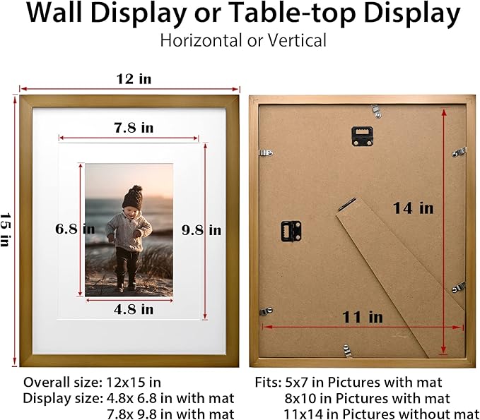 KINLINK 11x14 Picture Frame Brown, Solid Wood Frames with Acrylic Plexiglass for Pictures 5x7/8x10 with Mat or 11x14 without Mat, Tabletop and Wall Display, Set of 4