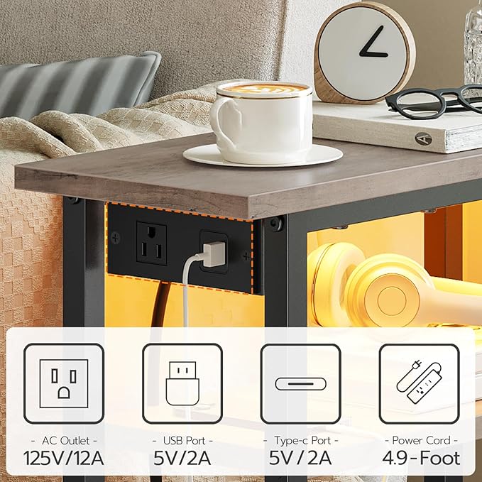 HOOBRO Narrow Side Table with Charging Station and LED Light, Small End Table with Storage, Skinny Nightstand with USB Port, Slim Bedside Table for Small Spaces, Living Room, Greige BG242UDBZ01