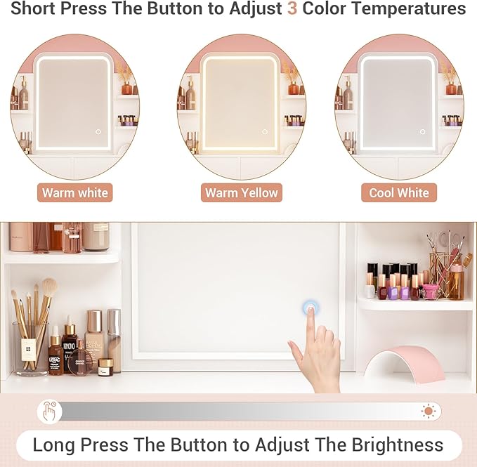 Armocity Vanity Desk with Mirror and Lights, Makeup Vanity with 2 Storage Drawers, Vanity Table Set with 3 Color Lighting Options, Modern Dressing Table with Storage Shelf for Bedroom, White