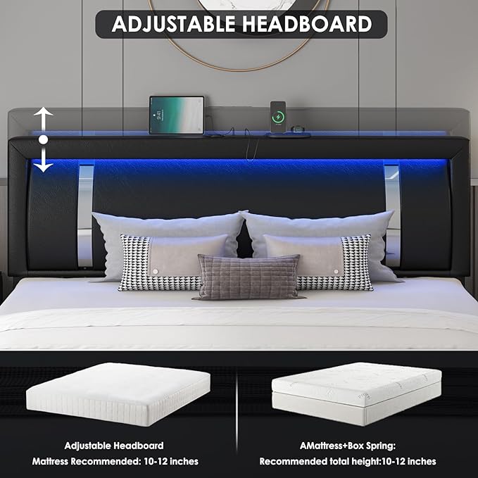 Keyluv King Size Bed Frame with RGB LED Lights & 2 Storage Drawers, Modern Upholstered Platform Bed with Iron Metal Decor, USB Charging Ports, Black