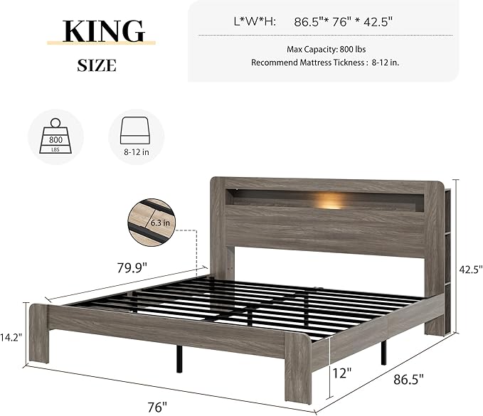 King Size Wooden Bed Frame with Bookcace Storage Headboard, Rustic Farmhouse Bedframe with LED Lights and Charging Station, Sturdy and Stable, Slat Support, No Box Spring Required (Light Brown, King)