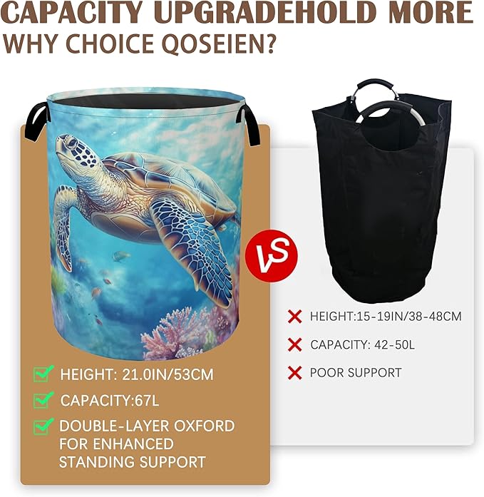 Sea Turtle Laundry Hamper,Collapsible Laundry Baskets,Colorful Coral Dirty Clothes Baskets with Handles,Oxford Cloth Hamper for Bedroom,Bathroom,College Dorms, 16"x20"