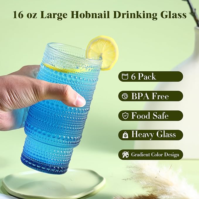 6pcs Hobnail Drinking Glasses Set, 16 oz Vintage Glassware Drinking Glasses, Gradual Blue Water Glasses Tumbler, Cups for Kitchen, Juice, Beer, Cocktail, Whiskey