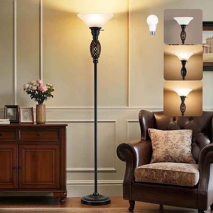 Vintage Floor Lamp with Nightlight, 70" Rustic Standing Lamp with Glass Shade, Victorian Style Tall Lamp Decor for Living Room Bedroom Study Home Office Corner (Bulb Included)