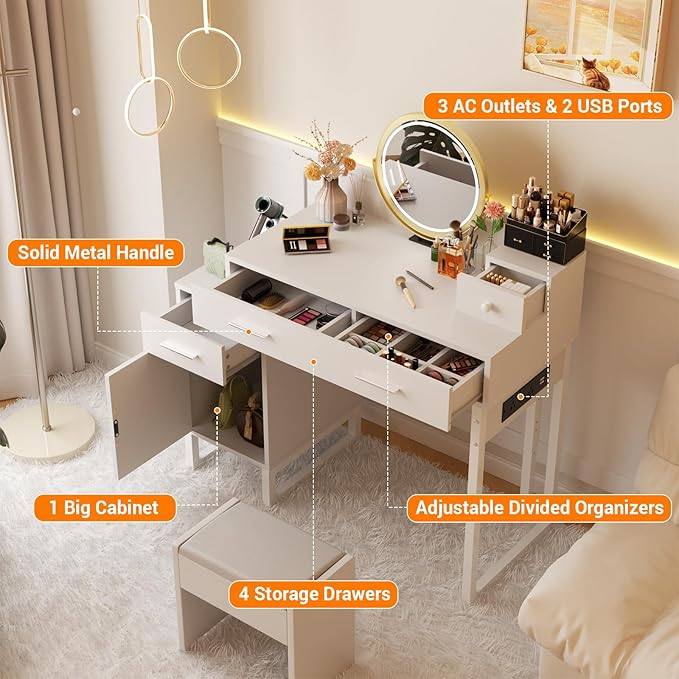 Vanity Desk with 4 Storage Drawers - Modern Makeup Vanity Table with Charging Station, White Vanity Desk with Reversible Cabinet Dressing Table Set with Divided Organizers for Women Girls, White