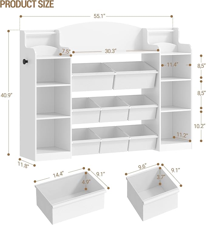 Toy Storage Organizer, Toy Shelf with 8 Storage Bins, Playroom Storage, Kids Bookshelf, 4-Tier Toddler Bookshelf for Children's Room, Bedroom, Living Room, Study Room, Nursery White KB43003W