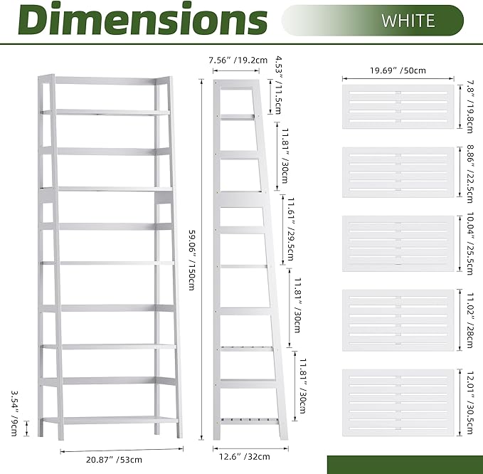 Ladder Shelf, 5-Tier Bookshelf, All Bamboo Heavy Duty Bookcase, Freestanding Open Wood Storage Rack, Modern Corner Display Plant Stand for Living Room, Home Office, Bathroom, Bedroom, White