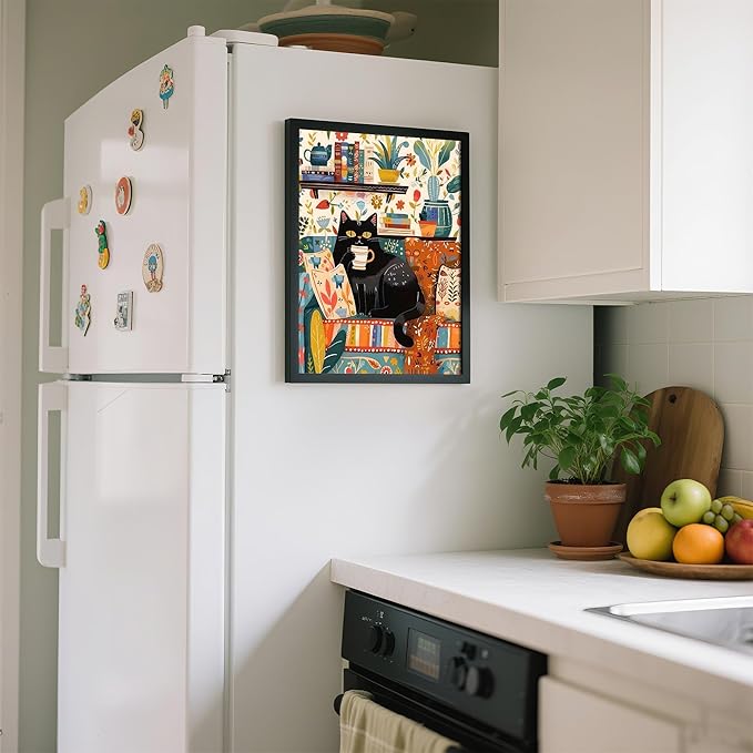 Framed Vintage Cat Canvas Wall Art, Funny Pink Animal Reading Books Painting Picture Print, Cute Kitten Lovers Aesthetic Wall Decor for Nursery Girls Room Bedroom Kids Room 24''L x 16''W