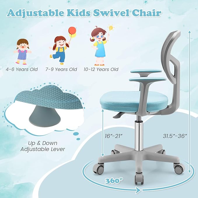 Giantex Kids Desk Chair, Height Adjustable Children Swivel Computer Chair with Y-Shaped Lumbar Support & Universal Casters, Mesh Kids Task Chair for Study, Boys Girls Aged 4-13, Blue