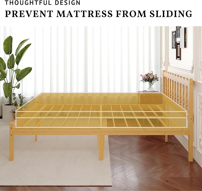 Bamboo Twin XL Bed Frame with Headboard, 14 inch Solid Wood Platform Bed Frames Twin XL Size with Metal Slats, No Box Spring Needed, Easy Assembly, Noise Free