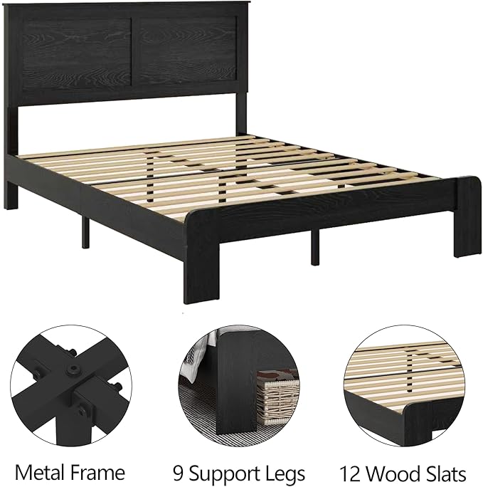 Full Size Bed Frame, Rustic Vintage Platform Bed Frame with Wood Headboard and Footboard, 12 Wood Slats Support, No Box Spring Needed (Black, Full)
