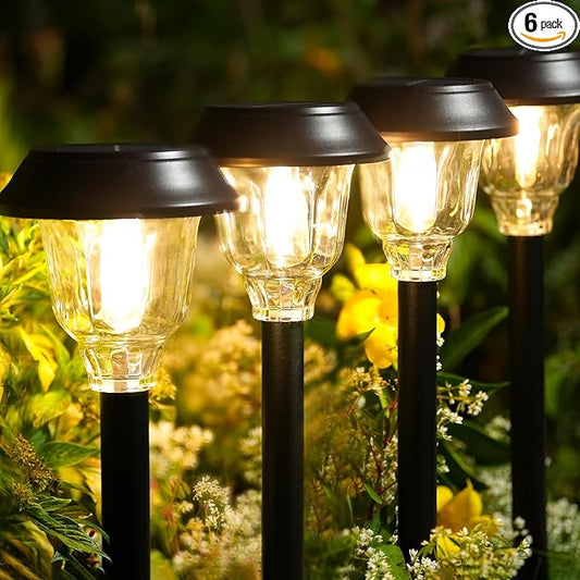 Solar Lights Outdoor Waterproof, 6 Pack Metal Glass Solar Pathway Lights Outdoor, Bright LED Outdoor Solar Lights for Yard Garden Path Walkway