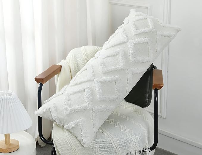 Diamond Pattern Extra Long Pillow Covers 14 x 36,Plush Chenille Decorative Long Lumbar Pillow Covers Pillow Case Cushion Case for Sofa Couch Bed Livingroom Farmhouse,Modern Boho,Cream White
