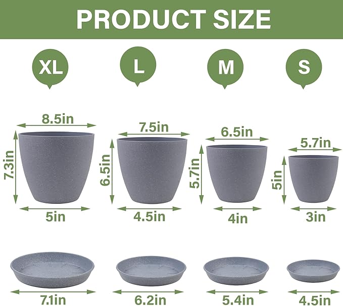 Plant Pots- 8.5/7.5/6.5/6 Inches 4 Pack Plastic Plant Pots,Indoor Decor Flower Pots with Drainage Holes and Tray,Home Decor Planters for Indoor Plants Cactus, Succulents Pot