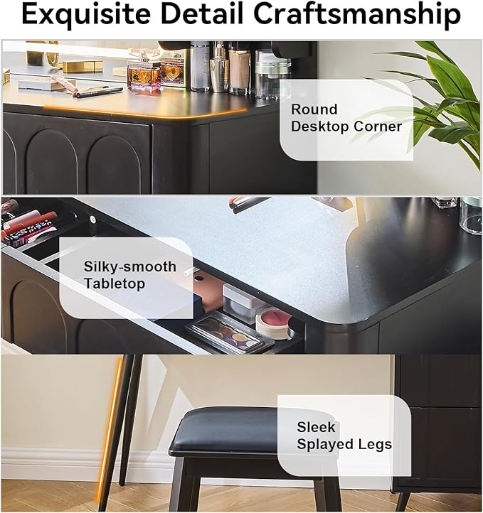 Merax Makeup Vanity Desk with Mirror and Lights, Vanity Table and Stool Set with Drawer & Movable Side Cabinet, Black Dressing Table for Bedroom with Mirror and 3 Color Modes