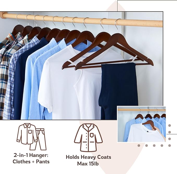 ELONG HOME Solid Wooden Hangers, 30 Pack Walnut Slim Wood Hangers with Extra Smooth Finish, Precisely Cut Notches and Chrome Swivel Hook, Wooden Clothes Hangers for Shirt Suit Jacket Dress