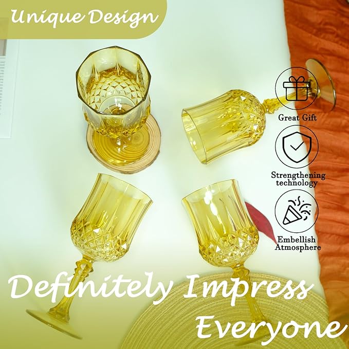 Plastic Wine Glasses，Plastic Goblets Vintage Style Cordial Drinking Glasses for Wedding Reception, Grand Event Party Supplies (12, Gold)