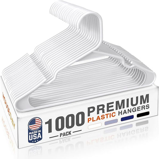HOUSE DAY 1000 Pack Plastic Clothes Hangers, Commercial Bulk Shipment for Business, Sturdy Durable Notched Hangers Ideal for Retail Dry Cleaners Warehouses, Save Cost & Warehouse Space - White