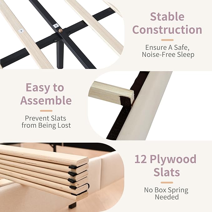 Twin Size Upholstered Platform Bed Frame with Modern Wingback & Vertical Panel Headboard, Velvet Fabric, Wooden Legs & Slats Support, No Box Spring Needed, Noise-Free & Easy Assembly, Cream