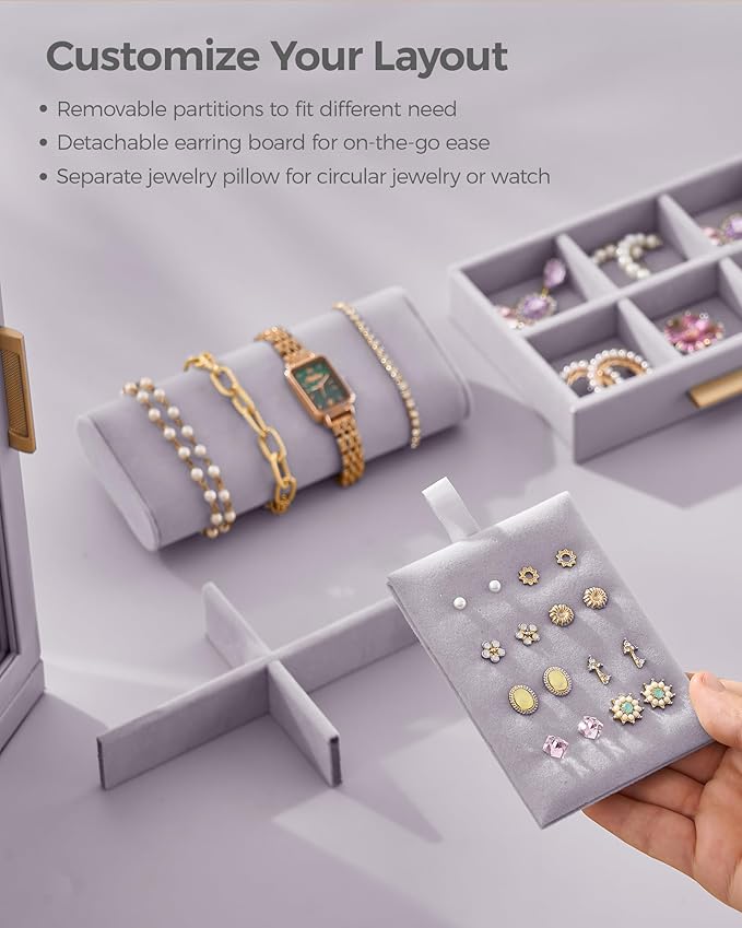 360° Rotating Jewelry Box with 5 Drawers, Spacious Vertical Jewelry Organizer with Glass Window, Jewelry Storage Case, Dustproof & Moisture-resistant Design, Grey