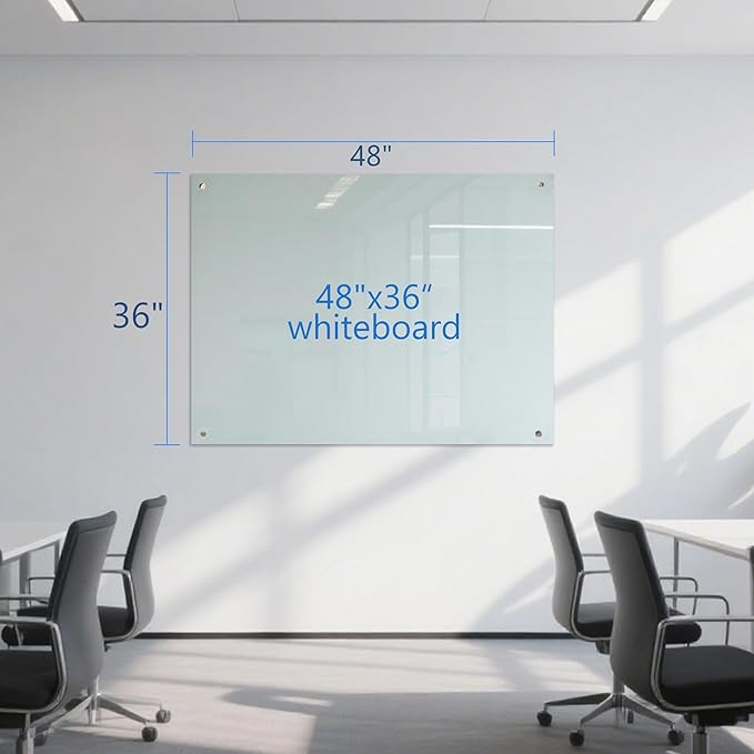 Glass Dry Erase White Board - Magnetic Glass Whiteboard 48"X36" Frameless Boards with Super Strong Magnets, Wall Mounted for Office, School and Home