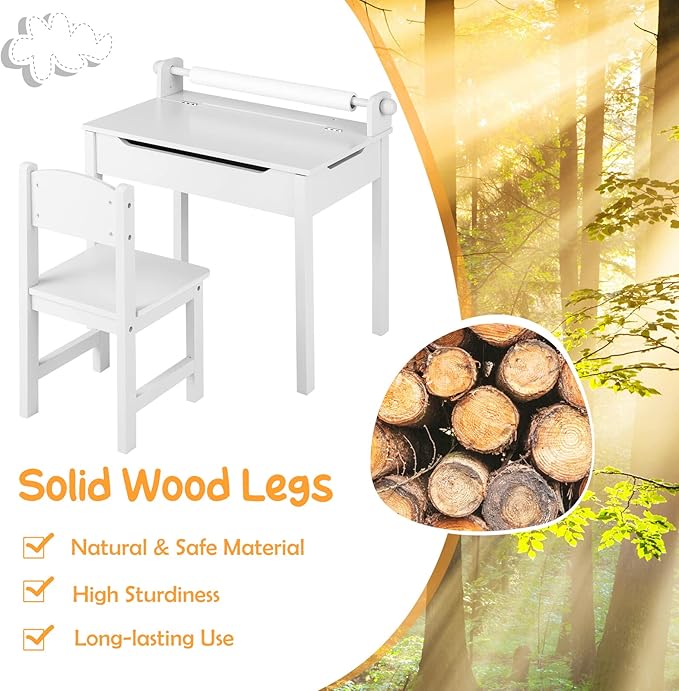 Costzon Kids Table and Chair Set, Flip Top Kids Art Craft Table w/Chair for Playroom Kindergarten, Toddler Drawing Writing Desk Set w/Paper Roll & 2 Markers, Gift for Boys Girls Ages 3+ (White)