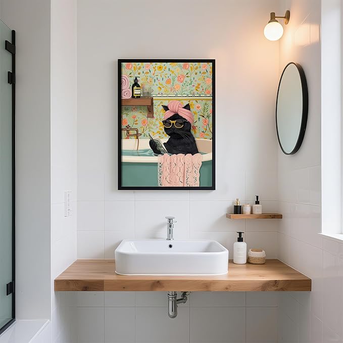 Framed Vintage Cat Canvas Wall Art, Funny Pink Animal Reading Books Painting Picture Print, Cute Kitten Lovers Aesthetic Wall Decor for Nursery Girls Room Bedroom Kids Room 16''L x 12''W