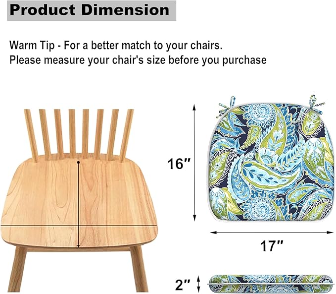 Set of 2 Outdoor Chair Cushions with Ties,Water Repellent Patio Chair Pads 17"x 16" for Outdoor Furniture,Round Corner Seat Cushions for Garden Yard Kitchen Paisley Lapis Green