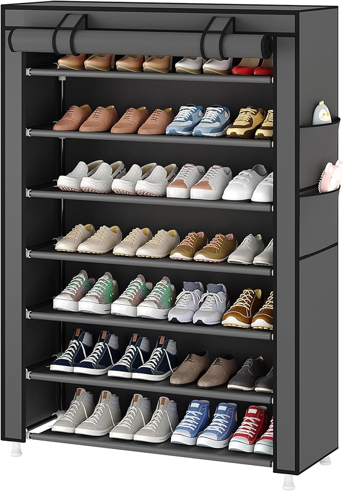 Laiensia 7-Tier Vertical Shoe Rack Organizer, Space Saving Shoe Storage Organizer, Non-Woven Cover Shoe Shelf Holds 28-35 Pairs for Bedroom, Hallway, Closet Entryway, Grey
