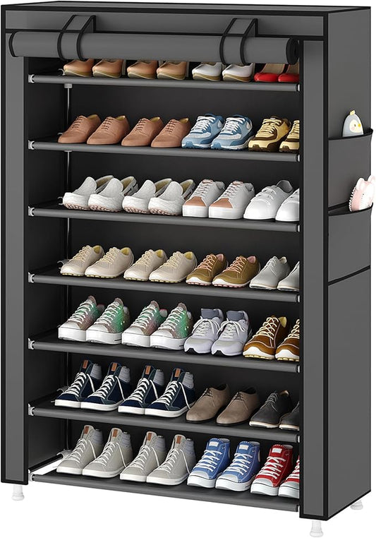 Laiensia 7-Tier Vertical Shoe Rack Organizer, Space Saving Shoe Storage Organizer, Non-Woven Cover Shoe Shelf Holds 28-35 Pairs for Bedroom, Hallway, Closet Entryway, Grey